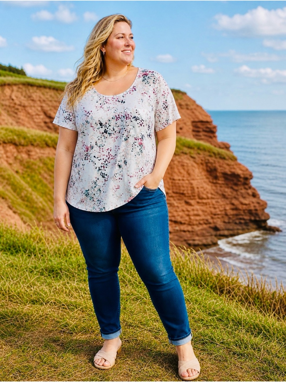 Reitmans White Floral Short Sleeve Tee